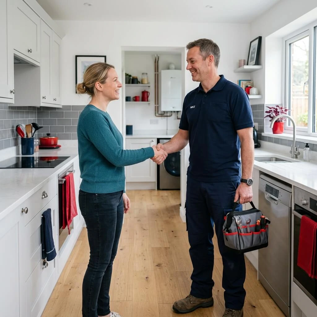 Local Burnley plumber shaking hands with a homeowner after completing plumbing work